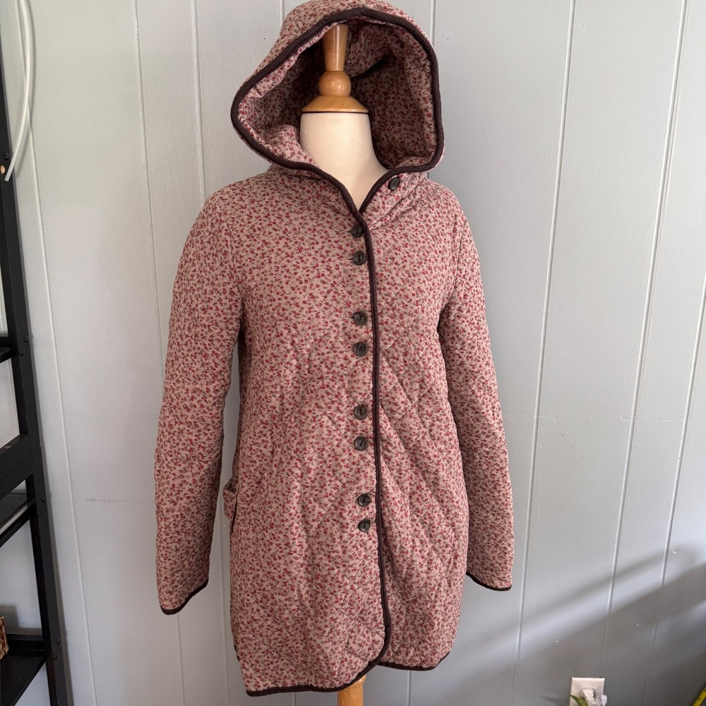 afternoon Quilted Hooded Jacket XS/S Tan Red Ditsy Floral Cottagecore Mori Girl